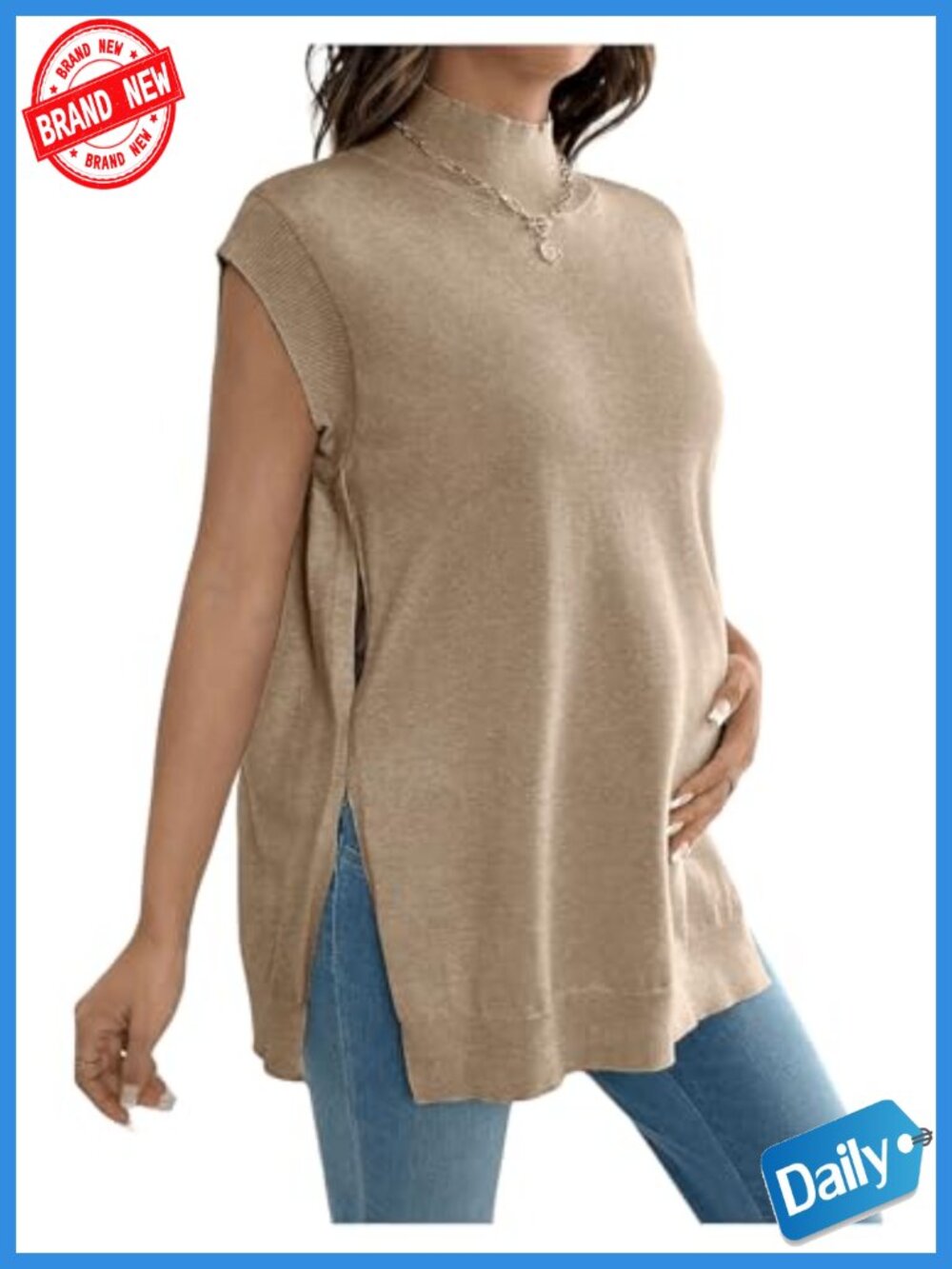 Maternity Turtleneck Sweater Vest Sleeveless Mock Neck Knit Top Split Hem